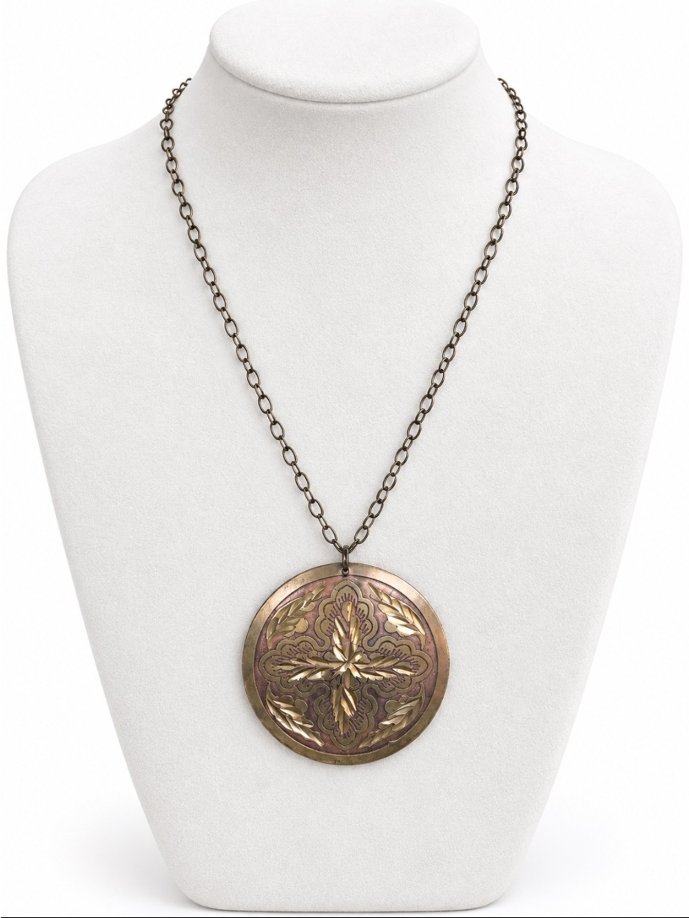 Antiqued Brass & Copper-Tone Floral Medallion Long Pendant Necklace